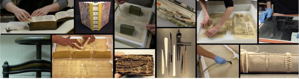 Collage of book conservation including tools and binding