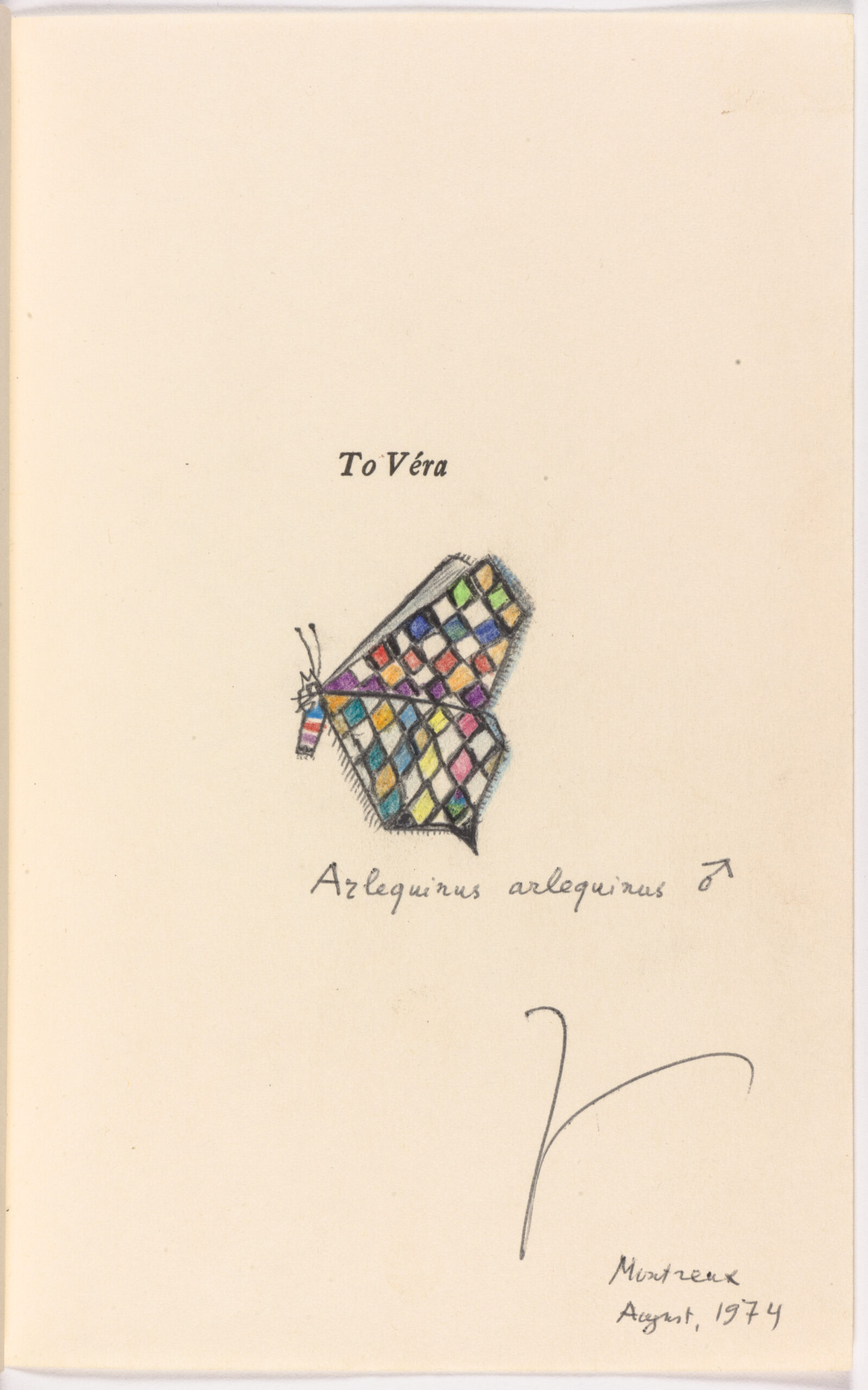 In first printings of his books, Vladimir Nabokov often inscribed dedications to his wife, Vera, and made drawings of butterflies. For the dedication page of Look at the Harlequins, he drew an imaginary species of butterfly, Arlequinus arlequinus. From the Division of Rare and Manuscripts Collection.